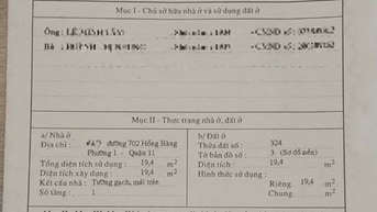 Bán nhà hẻm 1,5m đường 702 Hồng Bàng Phường 1 Quận 11 giá 1,8tỷ - 19m2