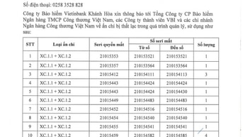 Công ty Bảo hiểm VietinBank Khánh Hòa thông báo mất ấn chỉ năm 2023