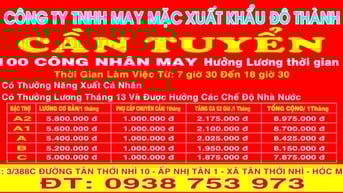 Cần Tuyển 1 Kỹ Thuật, 1 Tổ trưởng, 1 Quản lý đơn hàng, công nhân may 
