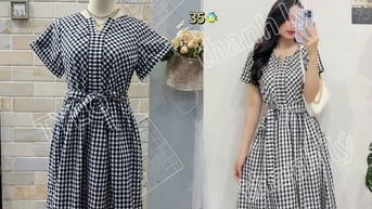 đầm caro đen trắng kèm dây thắt nơ eo