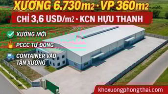 Cho thuê nhà xưởng KCN IDICO Hựu Thạnh,Long An,KV: 10.000m2,X: 6.730m2