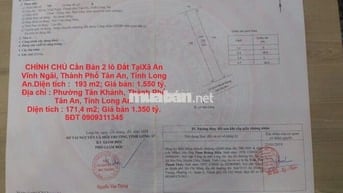 Bán 2 lô Đất Tại Xã An Vĩnh Ngãi Và Phường Tân Khánh,TP Tân An,Long An
