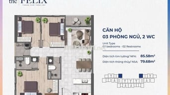 Căn 3 Phòng ngủ, Giá bán: 3 tỷ 1,Tầng cao thoáng,Căn góc tại The Felix