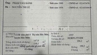 Bán Đất Thị Trấn Hóc Môn 190m2 thổ cư, giá 4,5 tỷ, Lh ***