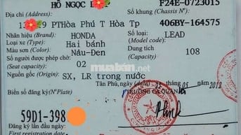 Cần bán xe Lead 2012 chính chủ, 1 đời chủ