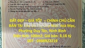 CẦN BÁN TẠI Khu Đô Thị Chợ Mới Hoà Mạc, Phường Duy Tân, Ninh Bình