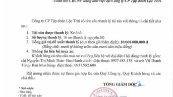 TĐ Lộc Trời thông báo thanh lý xe ô tô
