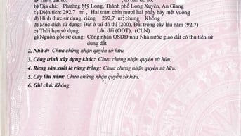Bán đất trung tâm TP Long Xuyên DT293m2 đường Hồ Xuân Hương,P. Mỹ Long