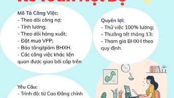 TUYỂN KẾ TOÁN NỘI BỘ LÀM VIỆC GẦN CHỢ HÓC MÔN