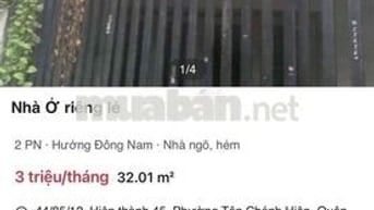 Nhà nguyên căn ngang 3,5m - dài 10 - 1 trệt 1 lẩu, 2 phòng ngủ, 1 phòn
