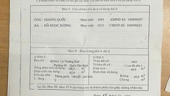 Bán Nhà: 40/56A Lý Thường Kiệt - P.9 - Q.Tân Bình dt:6,75x7,4m trệt 1L