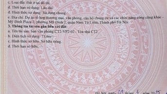 CHÍNH CHỦ BÁN SÀN VĂN PHÒNG TẦNG 2 TÒA MỸ ĐÌNH PLAZA 2