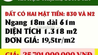 BÁN ĐẤT 2 MẶT TIỀN ĐƯỜNG 830 & N2 – XÃ HỮU THẠNH, LONG AN