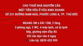 CHO THUÊ NHÀ NGUYÊN CĂN – MẶT TIỀN 231 NAM HOÀ, PHƯỚC LONG A, Q.9
