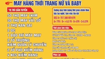 Cty THỜI TRANG MINH HOA CẦN TUYỂN: thợ may 1kim, vắt sổ, kan sai