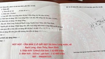 BÁN 2 LÔ ĐẤT ĐẸP TẠI Xóm Long xuân, xã Bạch Long, Giao Thủy, Nam Định