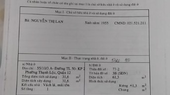 Nhà 55/10/3A Đường TL50, phường Th Lộc , SHR, DTSD 101,3m2, DTĐ 61,3m2
