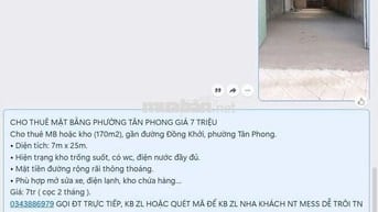 CHO THUÊ MẶT BẰNG PHƯỜNG TÂN PHONG GIÁ 7 TRIỆU