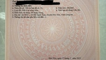 Bán đất thổ cư 100% gần UBND và chợ Mỹ Hạnh Nam, Đức Hoà, Long An