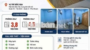CHDV Full NT Bắc Hải rộng rãi Chỉ 3,8 Tr-WC riêng-có máy lạnh,đầy đủ
