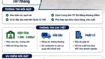 CHO THUÊ KHO 1.500 - 3.000m² MẶT TIỀN QUỐC LỘ 14B