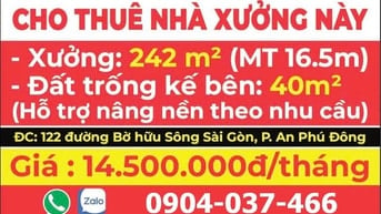 Cho thuê Nhà xưởng, 122 đường Bờ Hữu Sông Sài Gòn, Q12, giá 14.500.00đ
