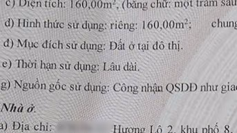 Hẻm 8m Thông Hương Lộ 2 8x20m 1 Lầu