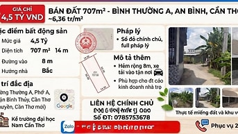 BÁN GẤP] ĐẤT NỀN 707m² TẠI CẦN THƠ - GIÁ TỐT 6 TỶ VND ( có thương)