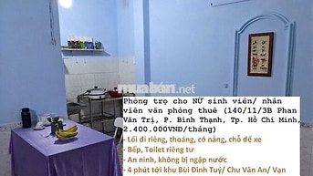 Chính chủ cho thuê cho nử thuê phòng 20m2 giá 2tr4
